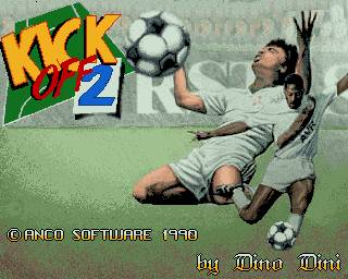 The Kick Off 2 Amiga loading screen, showing the same cover illustration in lower-resolution game form.